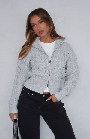 White Fox Boutique All At Once Zip Front Knit Sweaters Grey | USA-67391TLIA