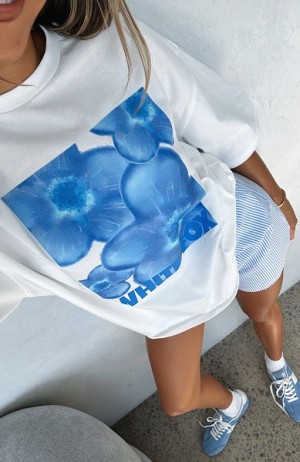 White Fox Boutique Bloom For You Oversized T-shirt White / Blue | USA-68427CLEJ