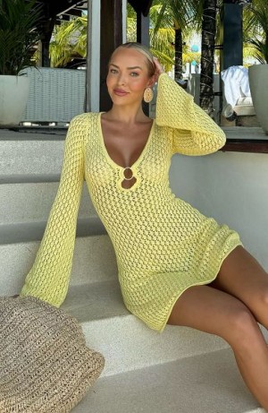 White Fox Boutique Dream State Long Sleeve Mini Dress Lemon | USA-17936FQNS