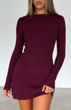 White Fox Boutique Let's Be Together Long Sleeve Mini Dress Dark Burgundy | USA-73915OHCN