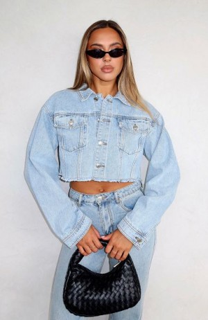 White Fox Boutique Lightspeed Cropped Denim Jackets Light Blue Wash | USA-62953OBIX