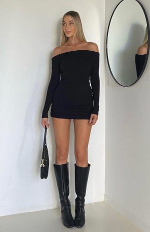 White Fox Boutique Nice And Clear Long Sleeve Ribbed Mini Dress Black | USA-78340PWAB