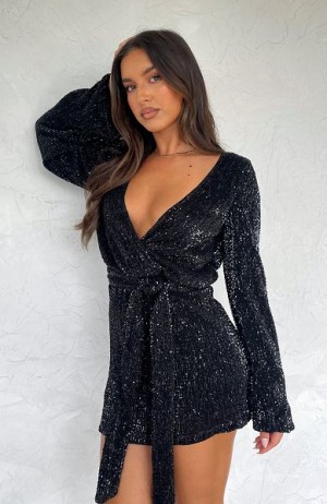 White Fox Boutique Stars Shining Long Sleeve Mini Dress Black | USA-84560SUYI