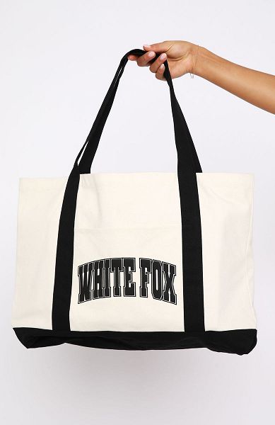 White Fox Boutique Decade Classics Varsity Tote Bags Cream / Black | USA-70816UHOF