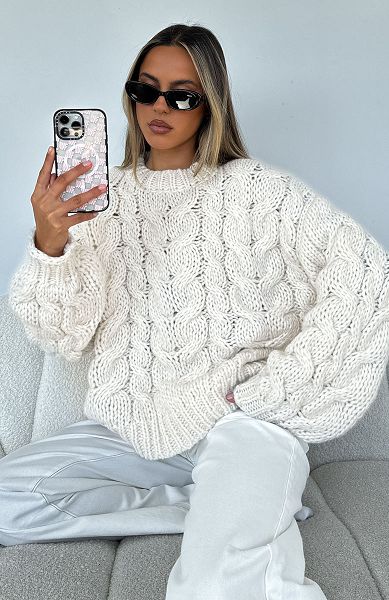 White Fox Boutique Real Feelings Oversized Knit Sweaters White | USA-14065IHAV