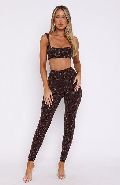 White Fox Boutique Running Late Embellished Pants Chocolate | USA-07593EXPK