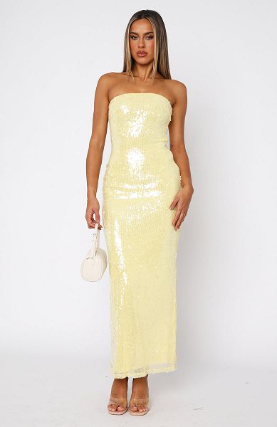 White Fox Boutique Totally Clueless Strapless Maxi Dress Lemon | USA-73908LTFS