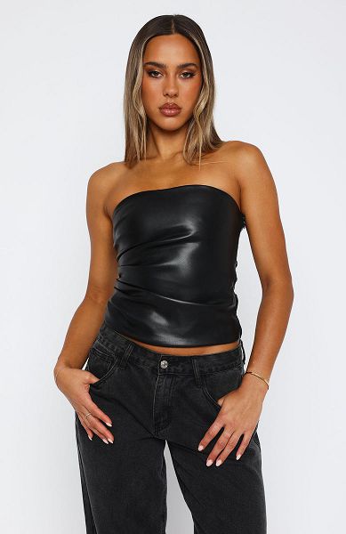 White Fox Boutique Well Behaved Strapless Pu Tank Top Black | USA-20846DPRE